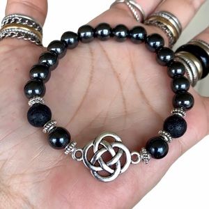 Silver Celtic knot lava rock & hematite bracelet